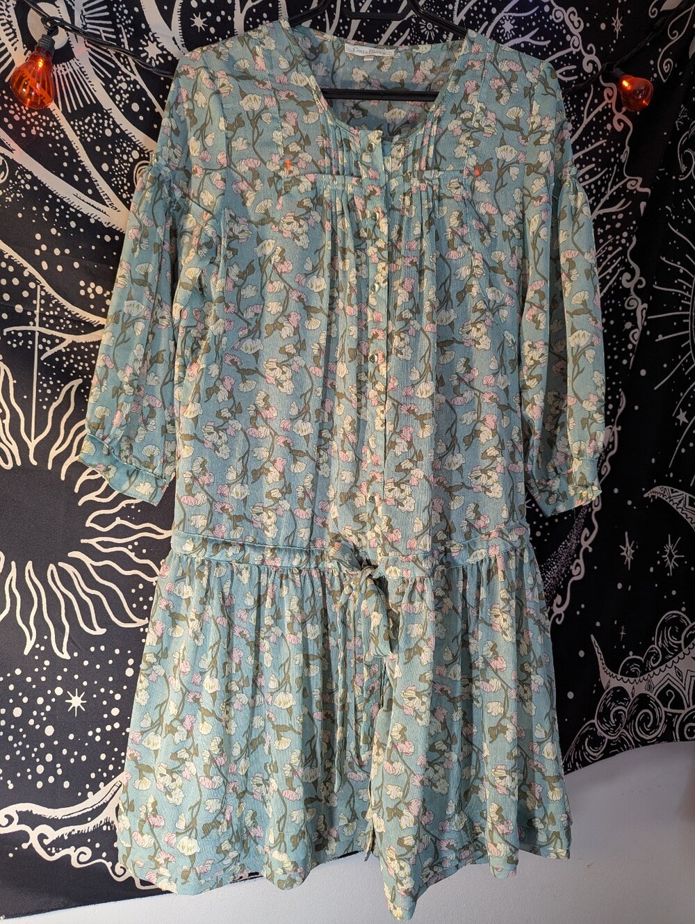 Costa Blanca Floral Drop Waist Tunic Mini Dress Size Medium 3/4 Puff Sleeve